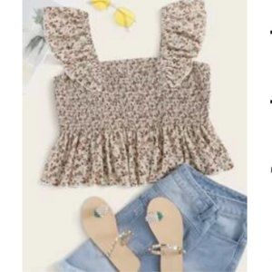 RUFFLE TRIM SHIRRED DUTSY FLORAL PEPLUM TOP